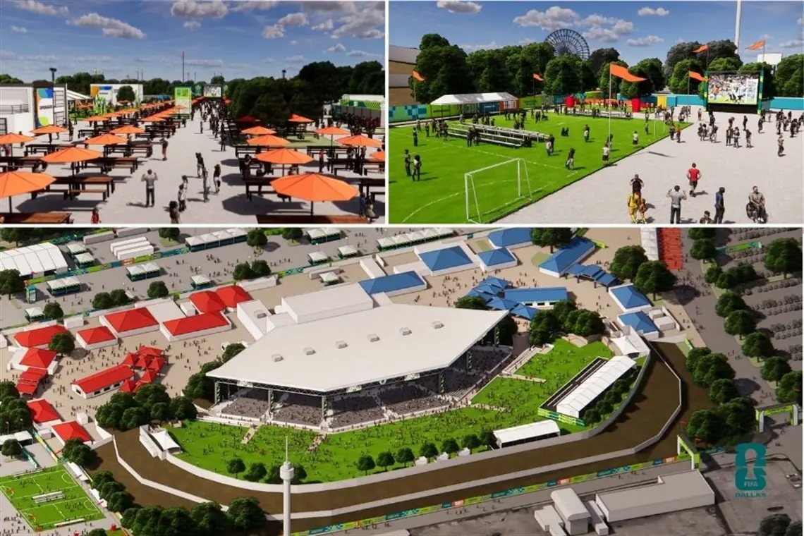 Render del FIFA Fan Festival Dallas con canchas de futbol, pantallas gigantes y zonas de comida para el Mundial 2026