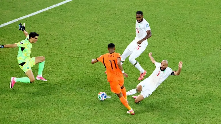 Cody Gakpo scores to make it 1-0 for the Netherlands against Morocco at the 2026 World Cup